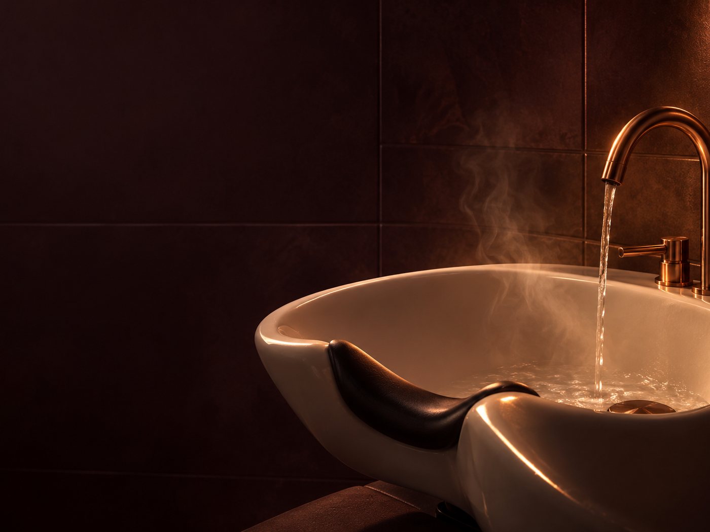 Warm water falling from a copper tap into a pale ceramic backwash basin, with steam rising against a dark tiled wall.