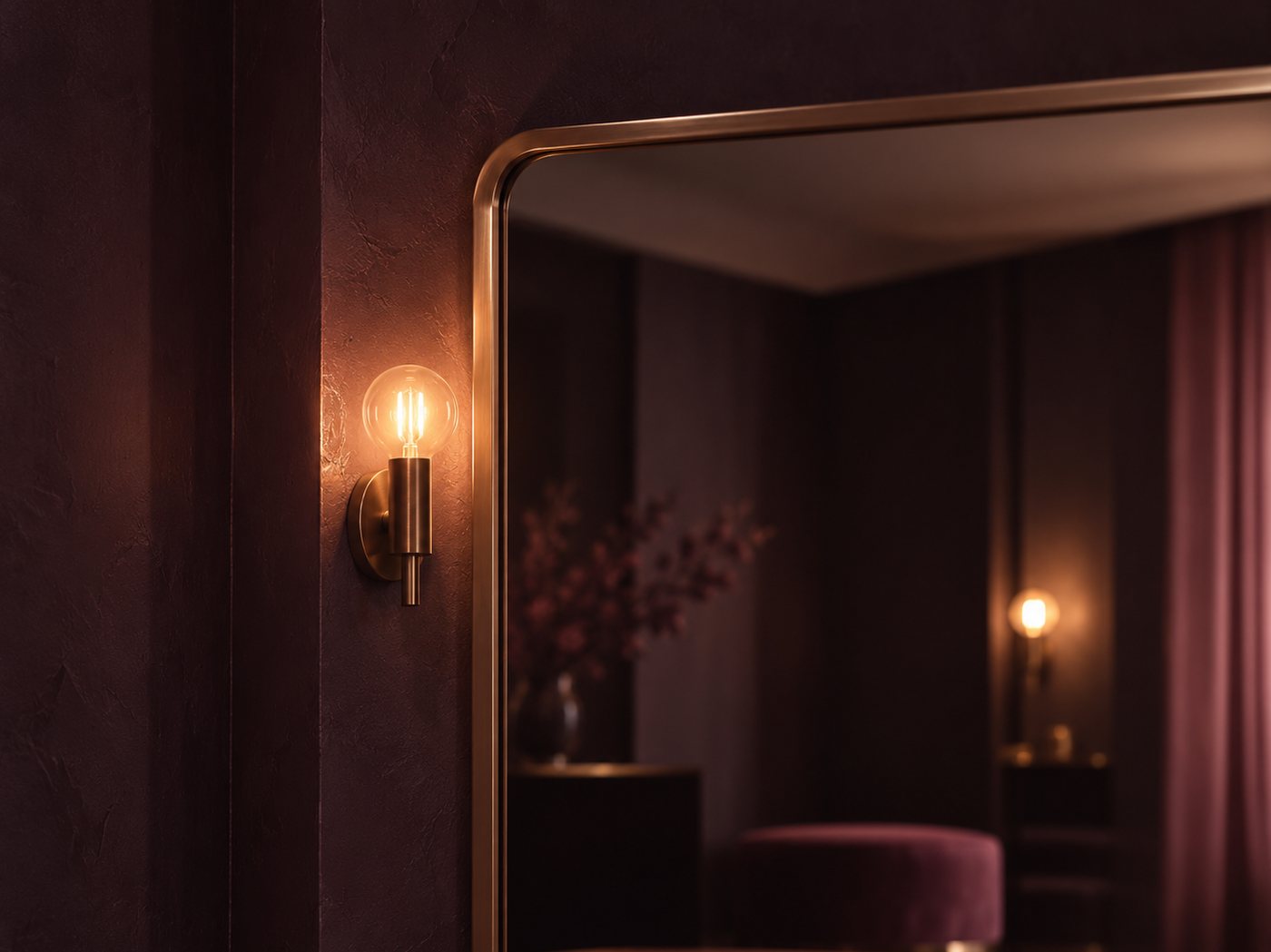 The corner of a copper-framed salon mirror on a deep plum wall, with a single warm bulb beside it and a quiet room reflected.