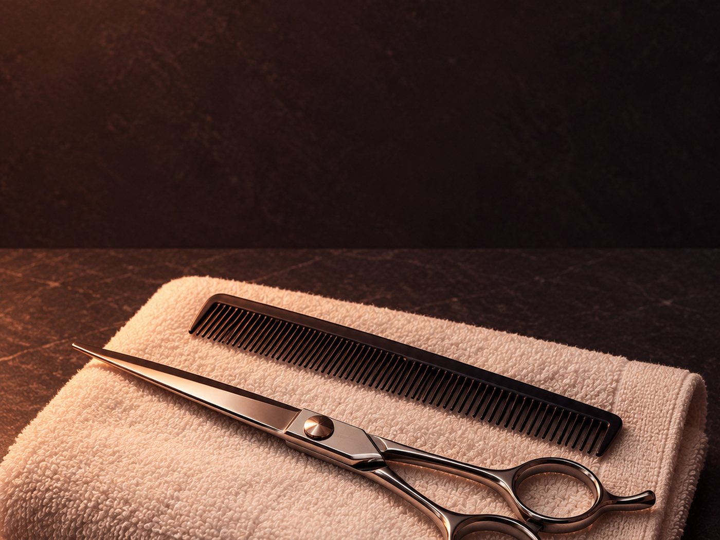 A pair of polished shears and a black cutting comb resting on a folded cream towel on dark stone.
